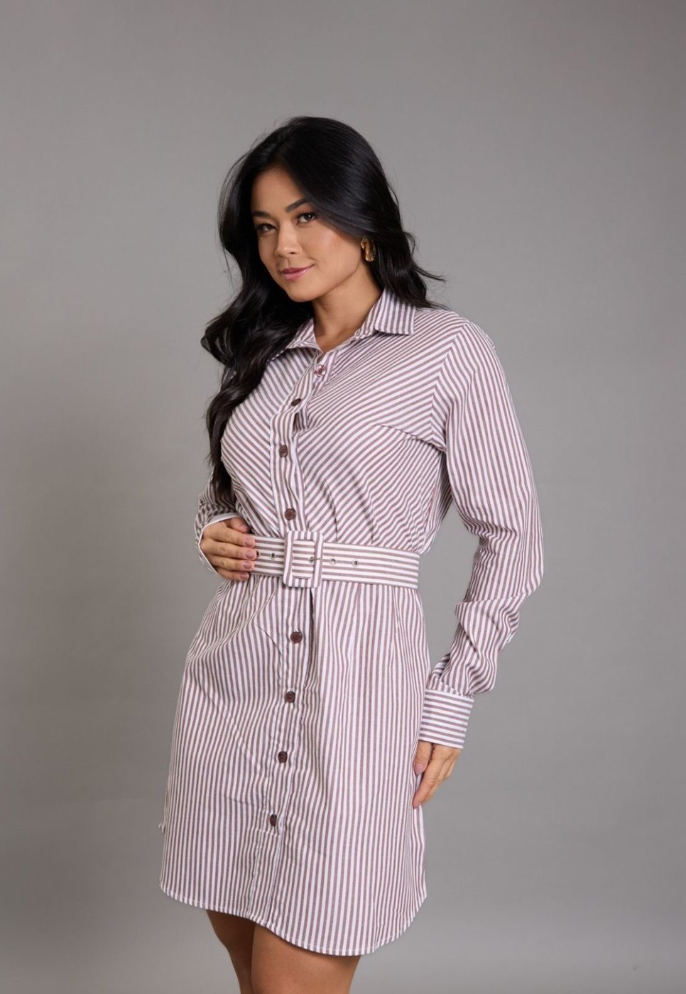 Vestido Midi Listrado Manga Longa com Cinto Lemier Collection