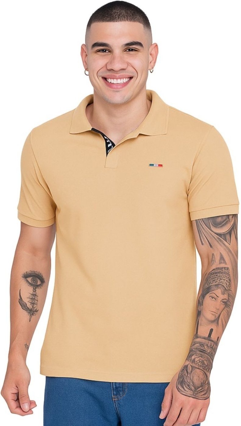 Imagem principal Camisa Polo Masculina Básica Industrie Piquet no Estilo Tommy Bordado França Claro bege Industrie bege