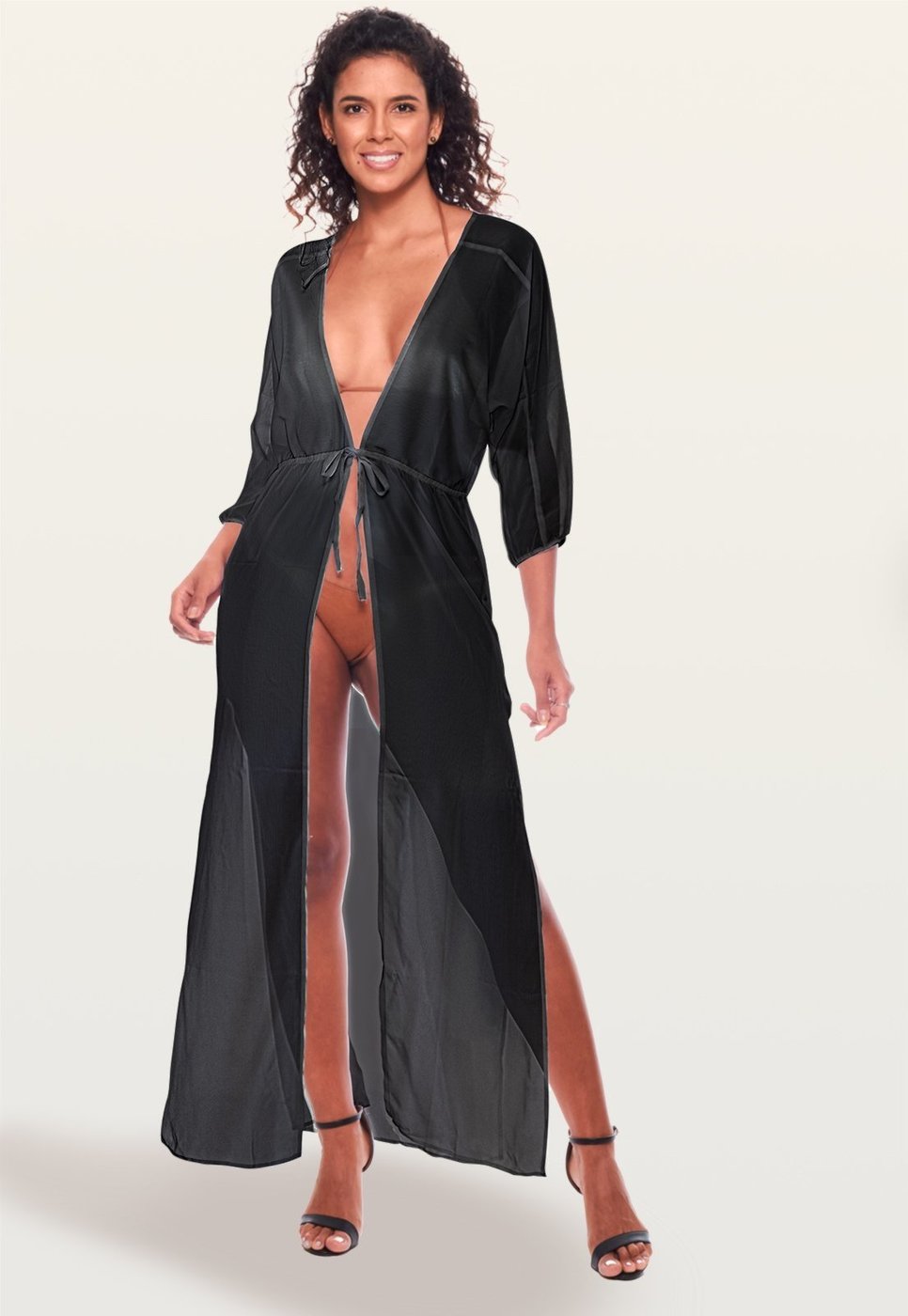 Imagem principal Saída Vestido Longa Acinturada Aberto Manga Bufante Semitransparente Chiffon Liso 101 Resort Wear preto 101 Resort Wear preto