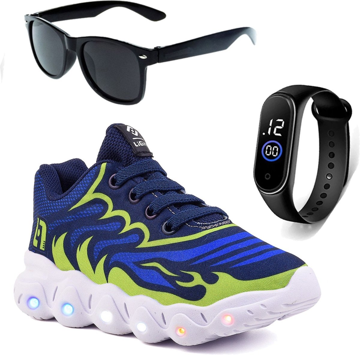 Infantil - Tenis De Led Meninos Casual Marinho e Verde Com Luzes + Óculos e Relógio