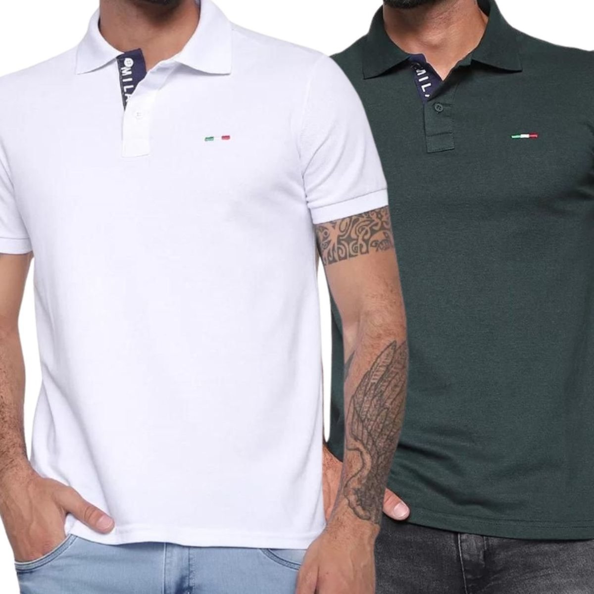Imagem principal Kit 2 Polos Masculina Básicas FMF Branco e Verde Piquet no Estilo Tommy Bordado Itália verde militar FMF verde militar