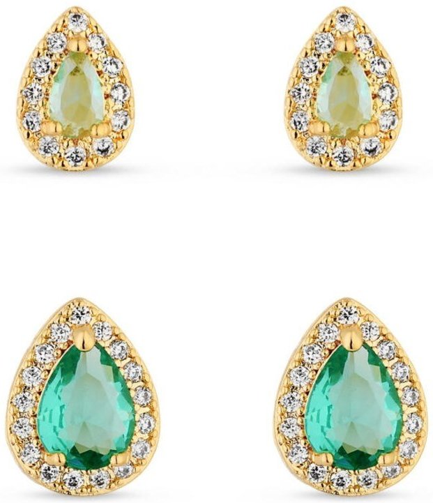 Dupla De Brincos Semijoia Gota Turmalina Com Zircônias Banhadas A Ouro 18K Br