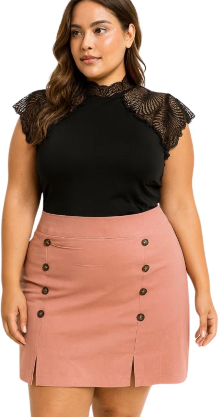 Saia shorts Summer Body plus size em bengaline nobre Frente com botões Rose