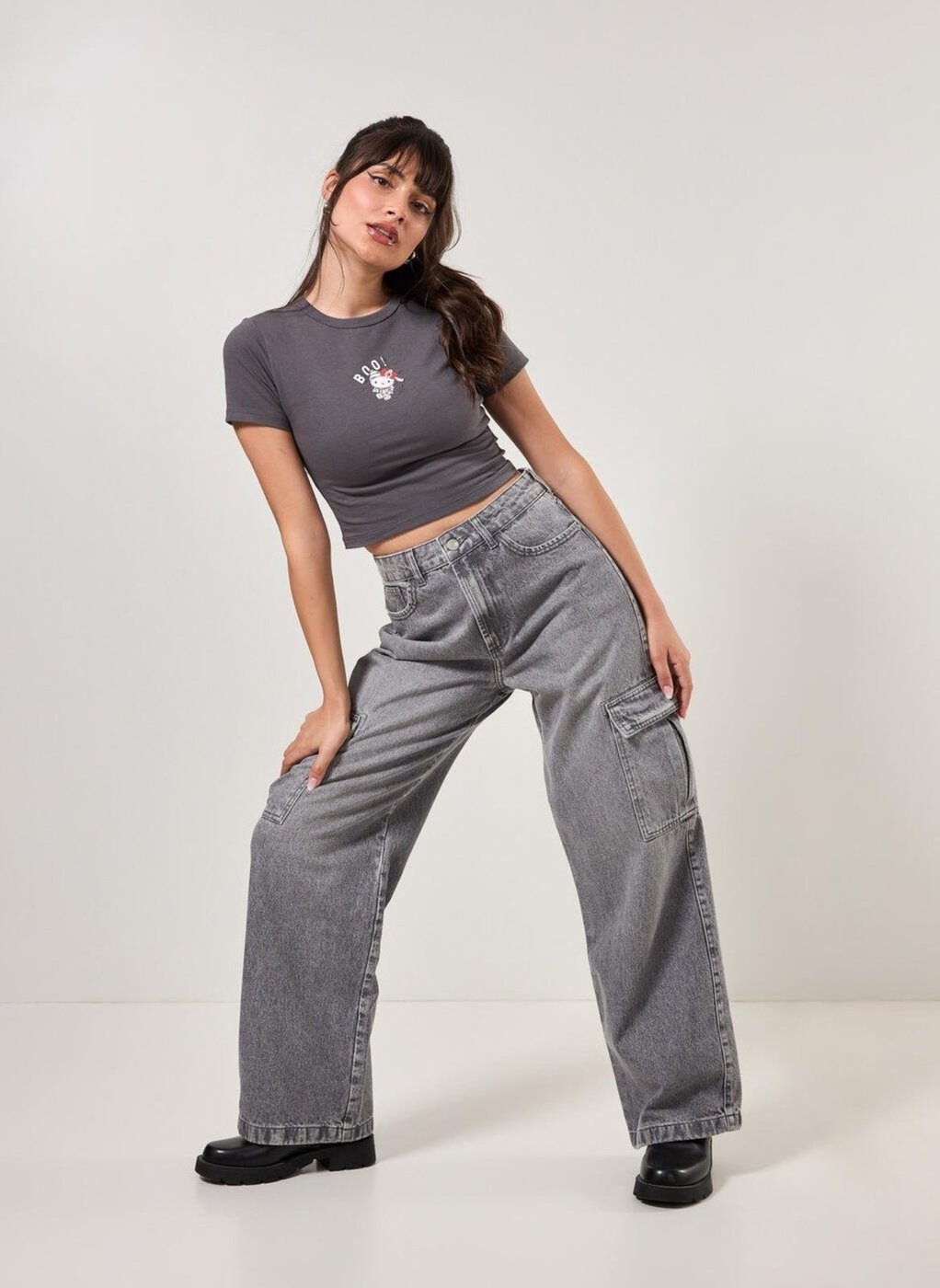 Calça Wide Leg Jeans Cargo