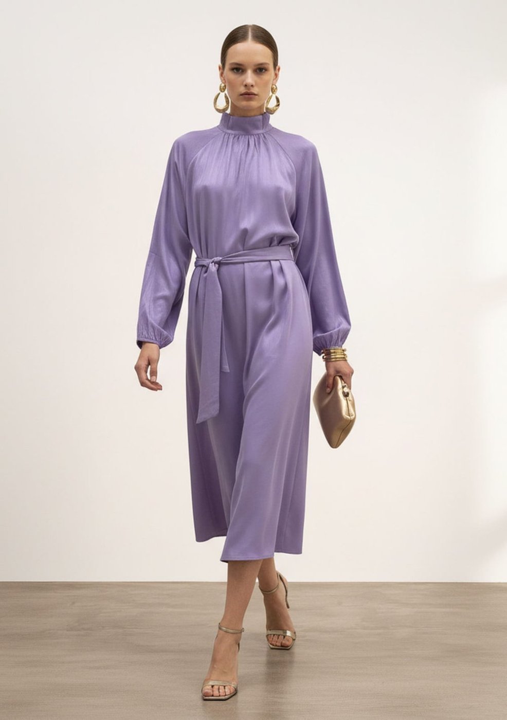 Vestido Iódice Solto Gola Alta Manga Longa Midi