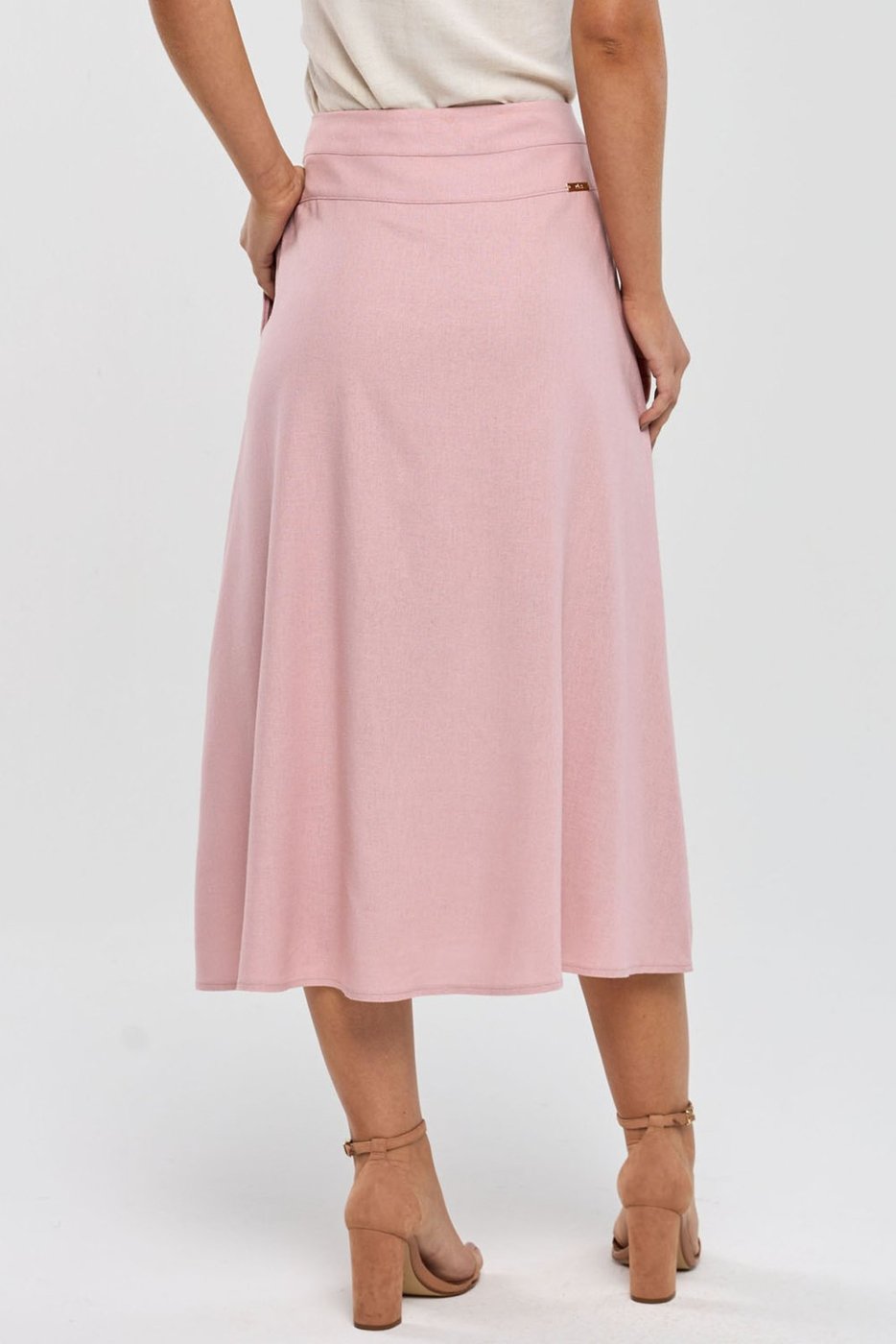 Saia Midi PKS Com Fenda Linho Rosê
