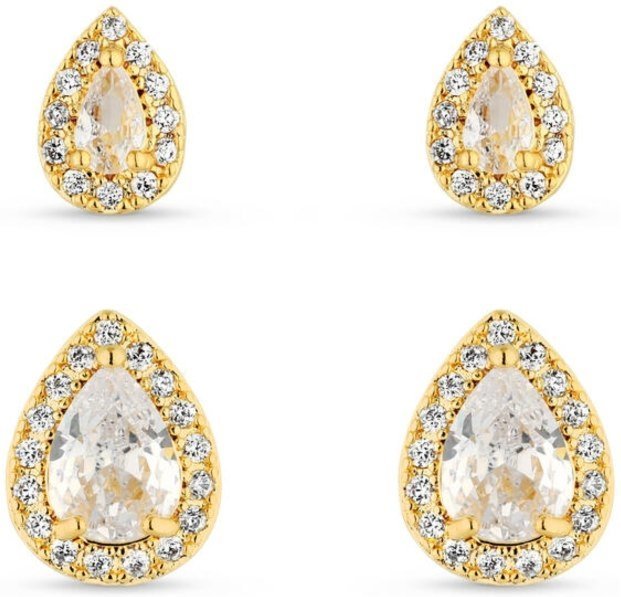 Dupla De Brincos Semijoia Gota Cristal Com Zircônias Banhadas A Ouro 18K Br