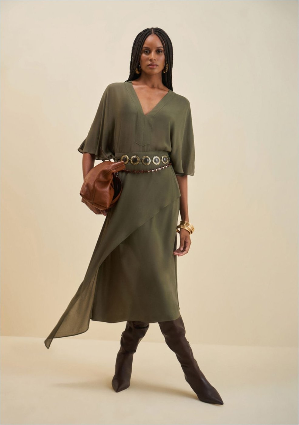 Saia Morena Rosa Reta Alta Midi Verde