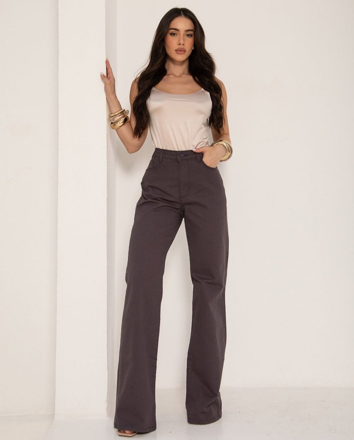 Calça Jeans Wide Leg Feminina Cintura Alta Básica com Elastano 28000 Chumbo