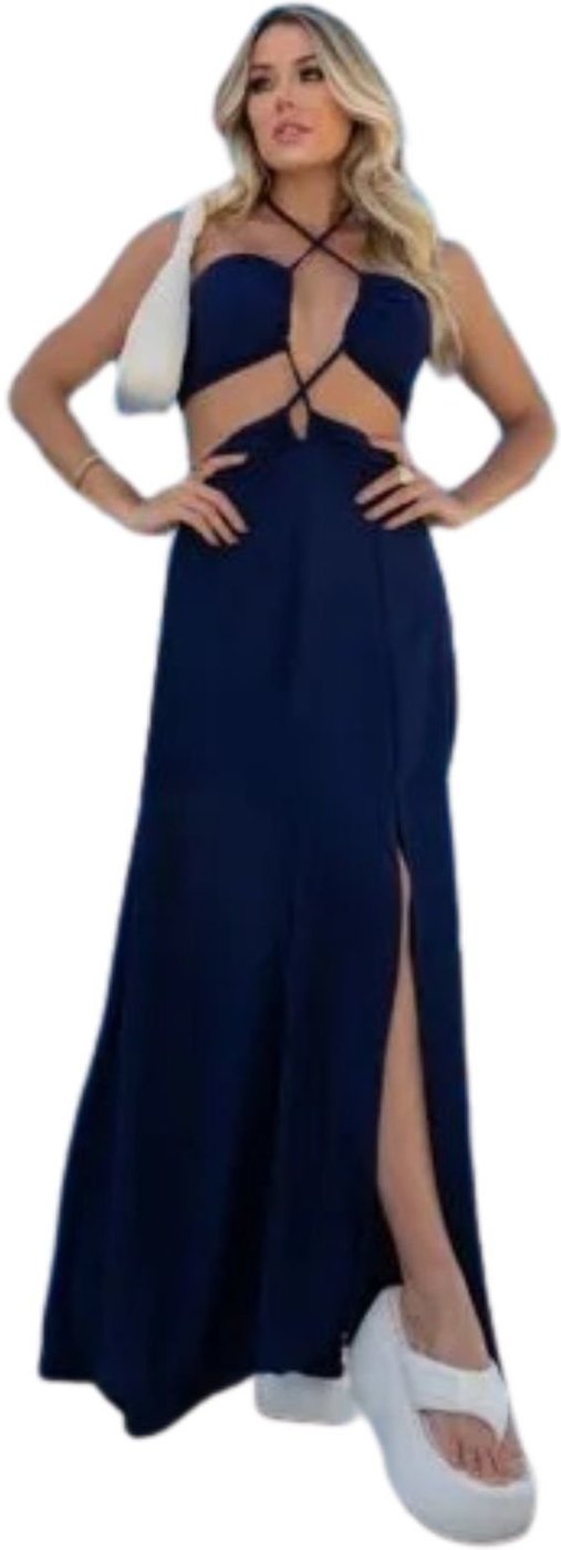 Vestido Longo Recortes Cut Out Viscose Fiorelly Marinho
