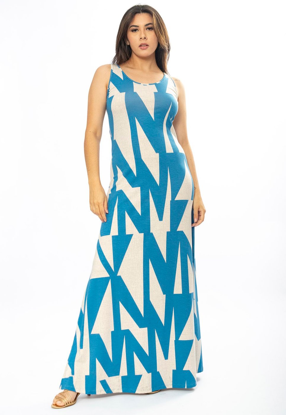 Vestido Longo Amazônia Vital Butiá Malha Regata Estampa Geometric Blue