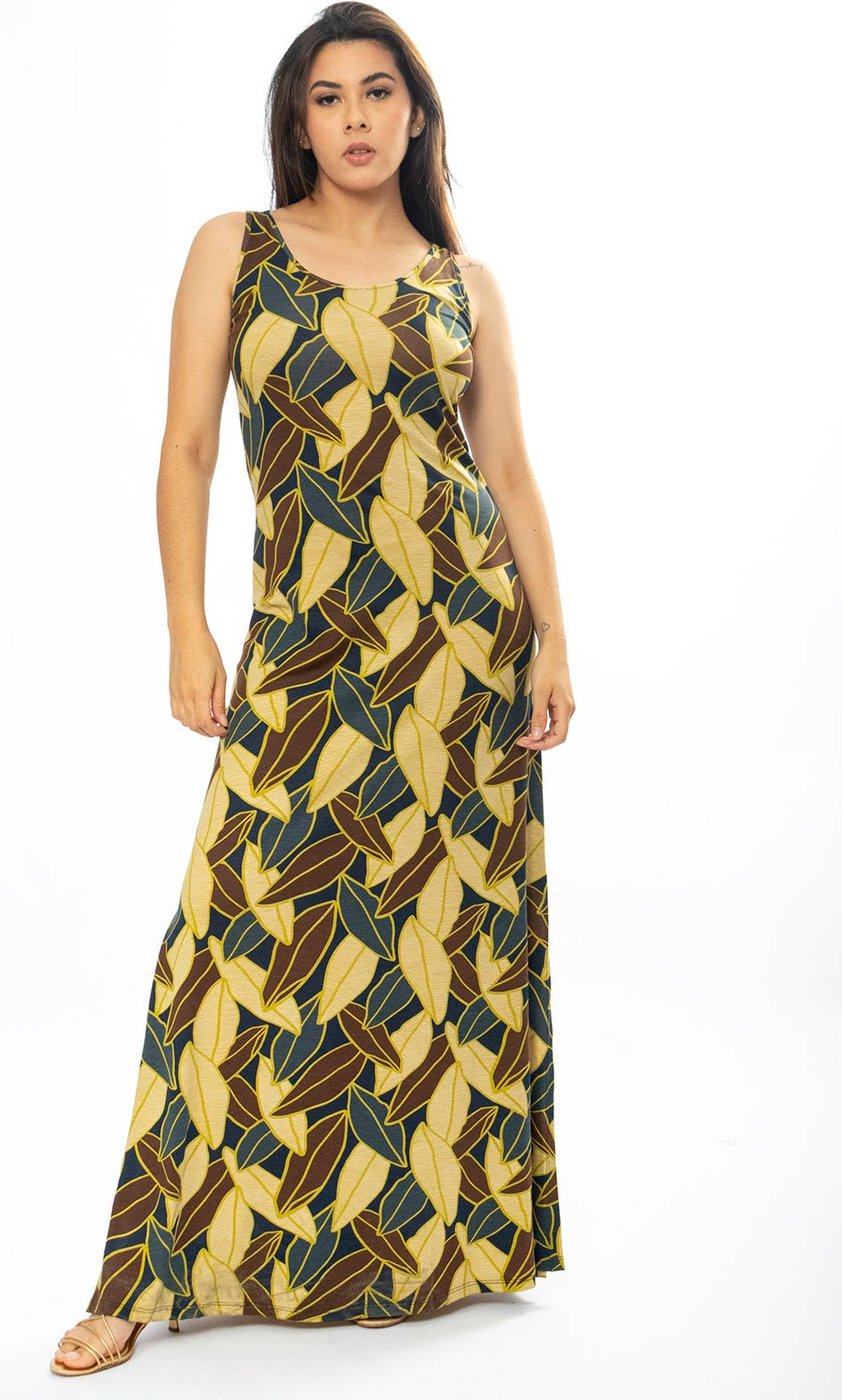 Vestido Longo Cabanafree Butiá Malha Regata Estampa Folhas de Outono