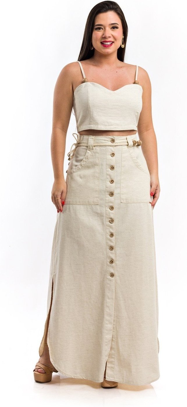 Saia Longa Restrito Jeans De Linho Natural - Bege