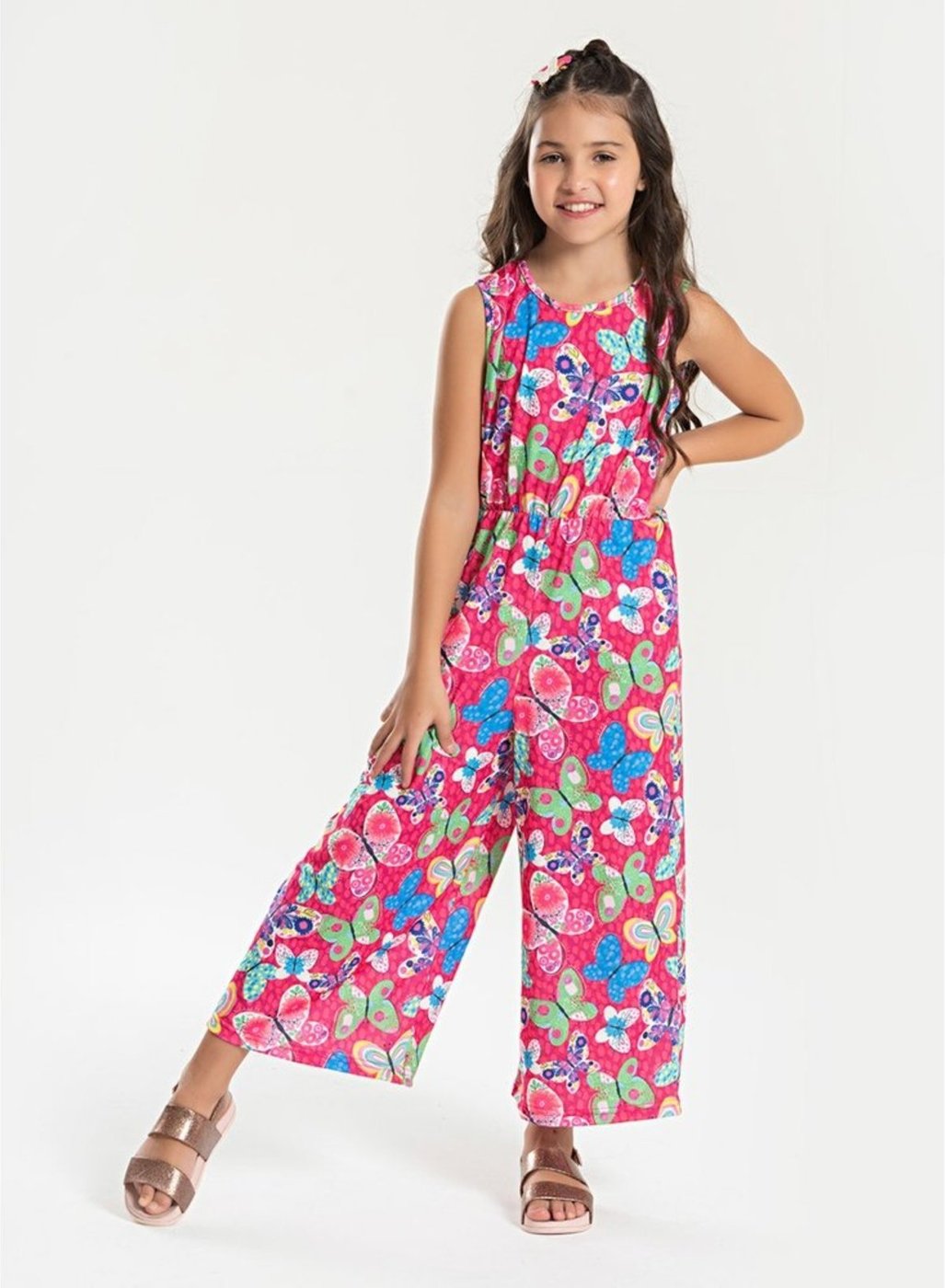 Imagem principal Infantil - Macacão Pantacourt Verão Menina Pink com Amarração nas Costas Borboletas Molekada rosa pink Molekada rosa pink