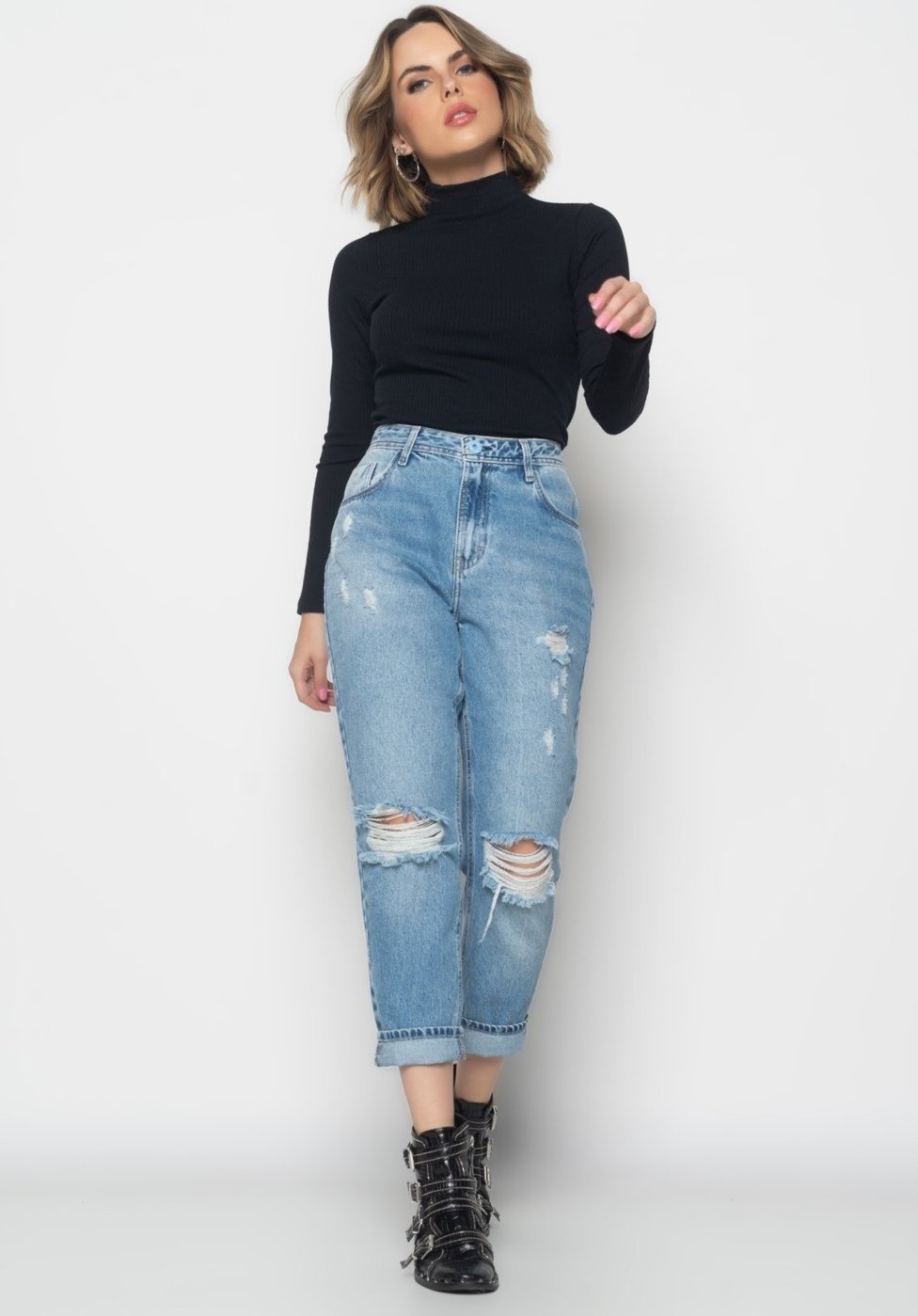 Blusa Salvatore Gola Alta Manga Longa Malha Canelada Preta