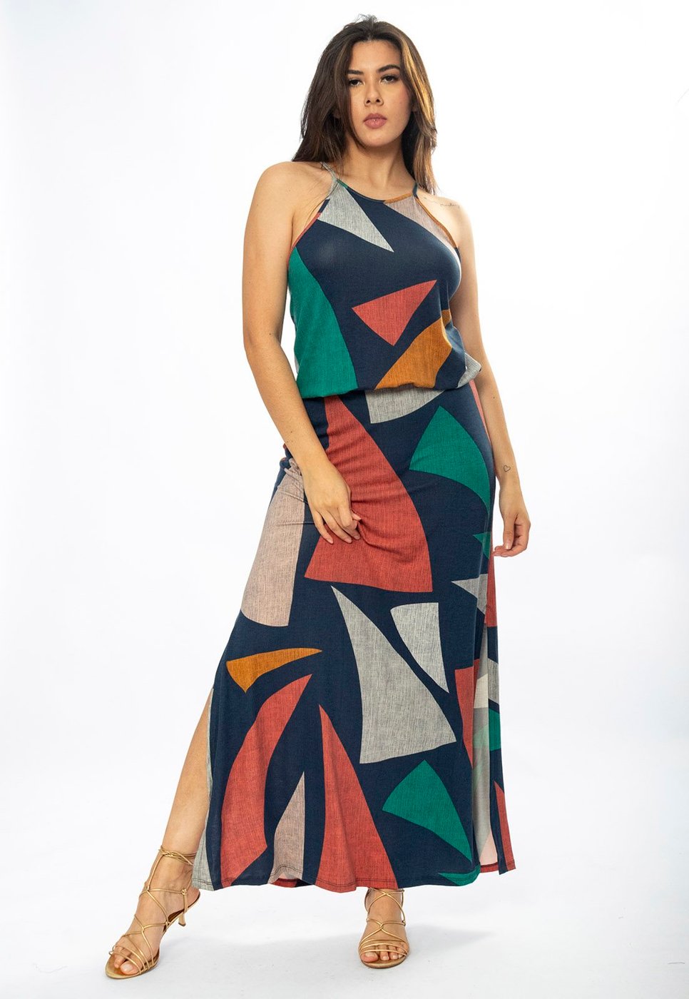 Vestido Longo Amazônia Vital Malha Trapézio com Elástico na Cintura Geometrias do Tempo