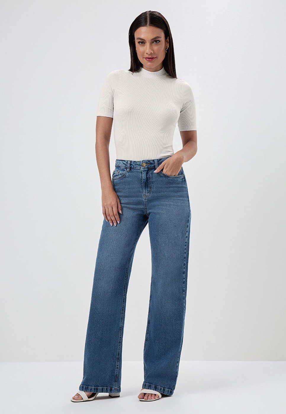 Calça Jeans Wide Leg Azul Médio Selene