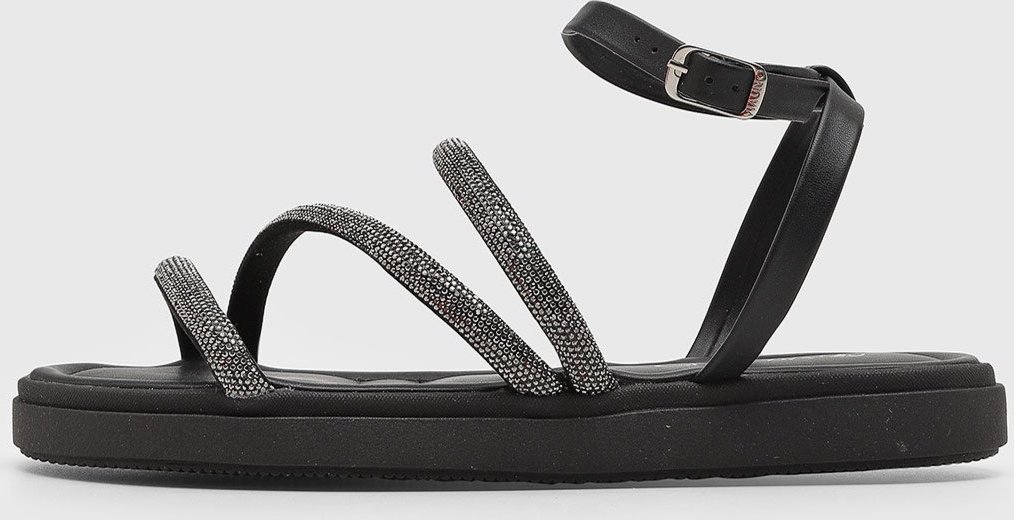 Rasteira Feminina VIA UNO Tiras Brilho Preta