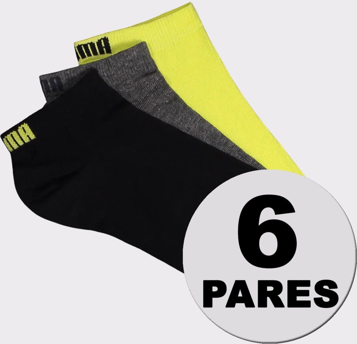 Kit Meia Puma Sapatilha 6 Preta Cinza e Amarelo