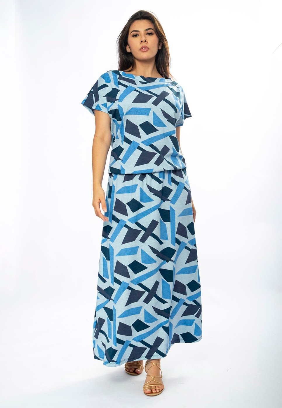 Vestido Longo Amazônia Vital Morcego Malha Estampa Caminhos de Azul