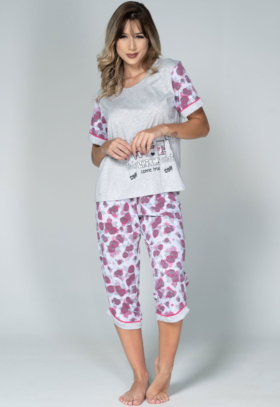 Pijama Feminino Serra e Mar Modas Manga Curta Pescador Cinza