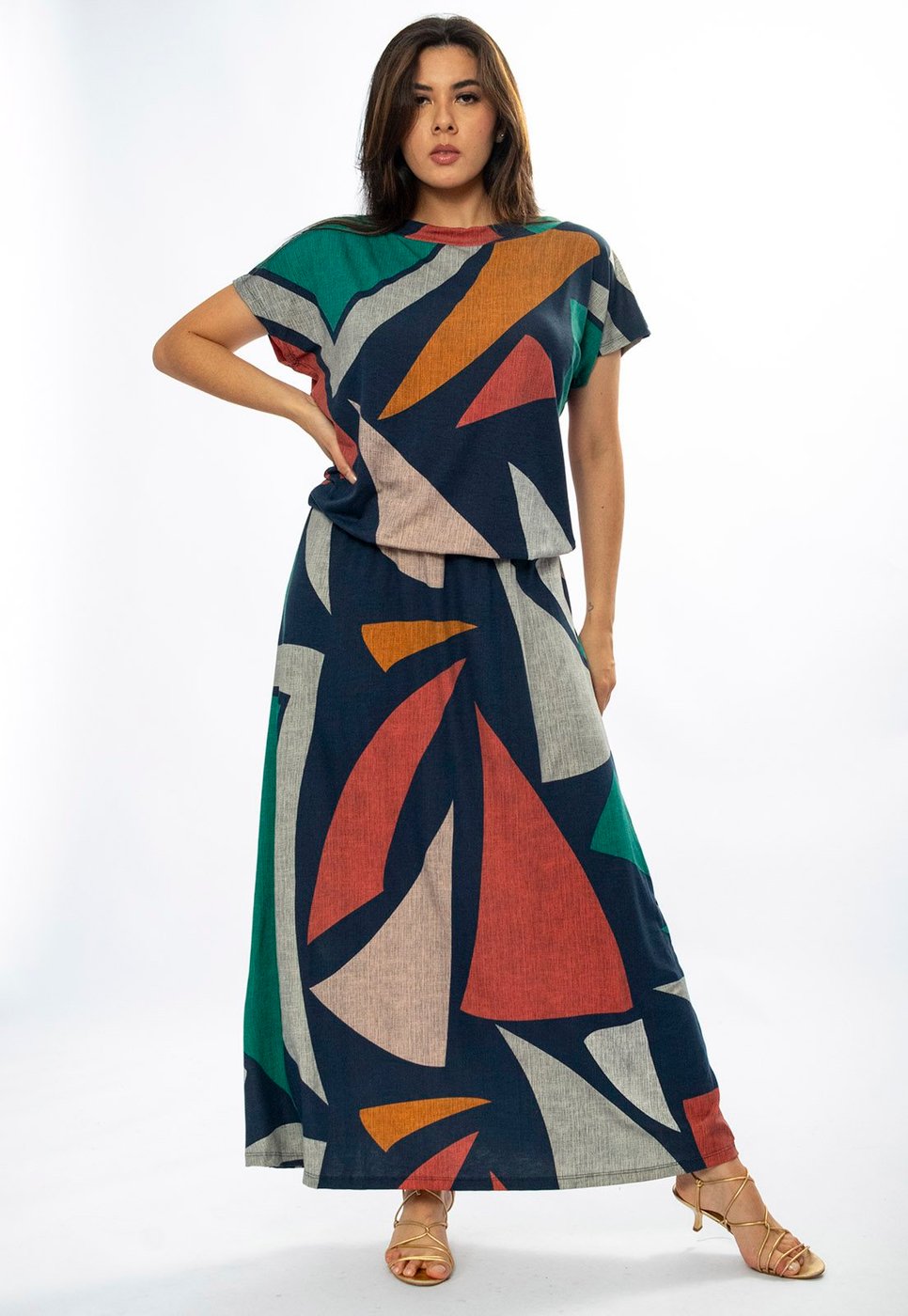 Vestido Longo Amazônia Vital Morcego Malha Estampa Geometrias do Tempo