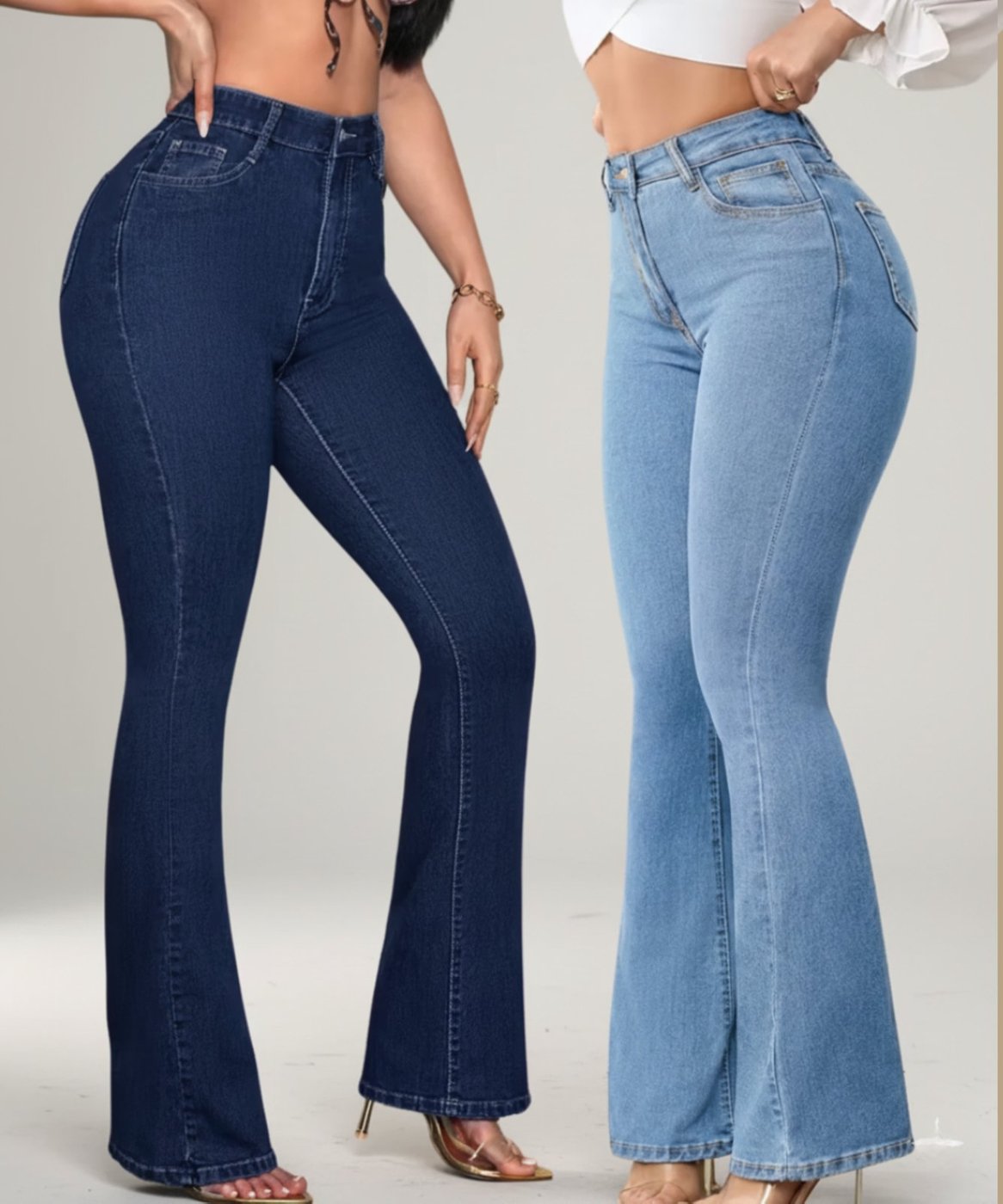 Kit 2 Calças Flare Jeans Feminina Alpha Street Wear Premium Com Elastano Cintura Alta Levanta Bumbum Estilo Gringa Delave