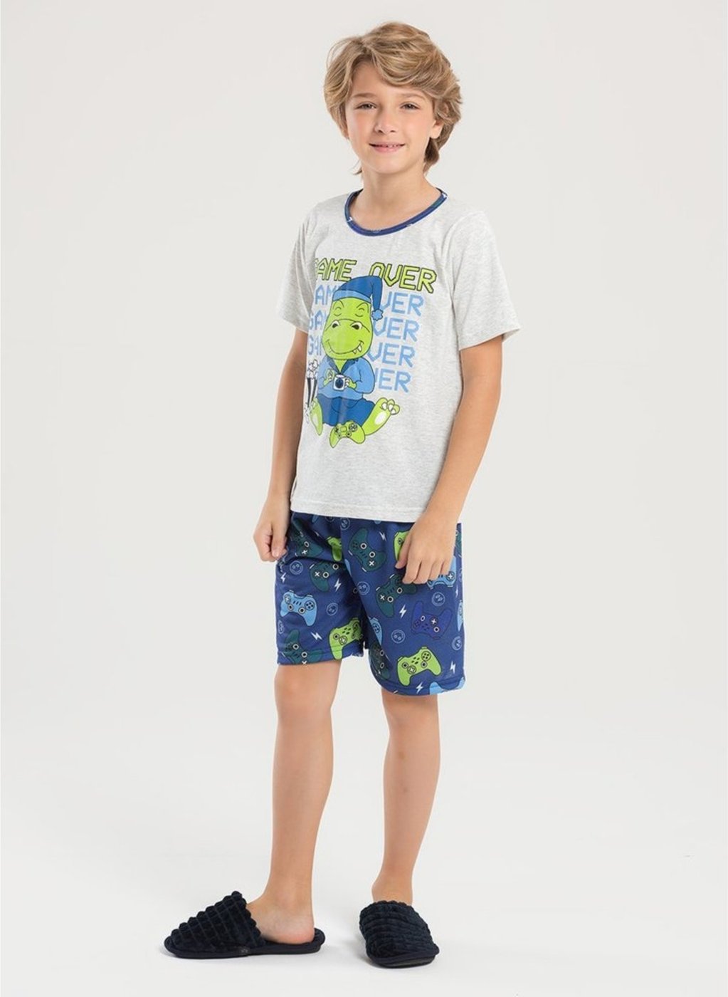 Imagem principal Pijama Verão Menino Mescla Camiseta Brilha no Escuro e Bermuda Jacaré Game Over Molekada cinza Molekada cinza