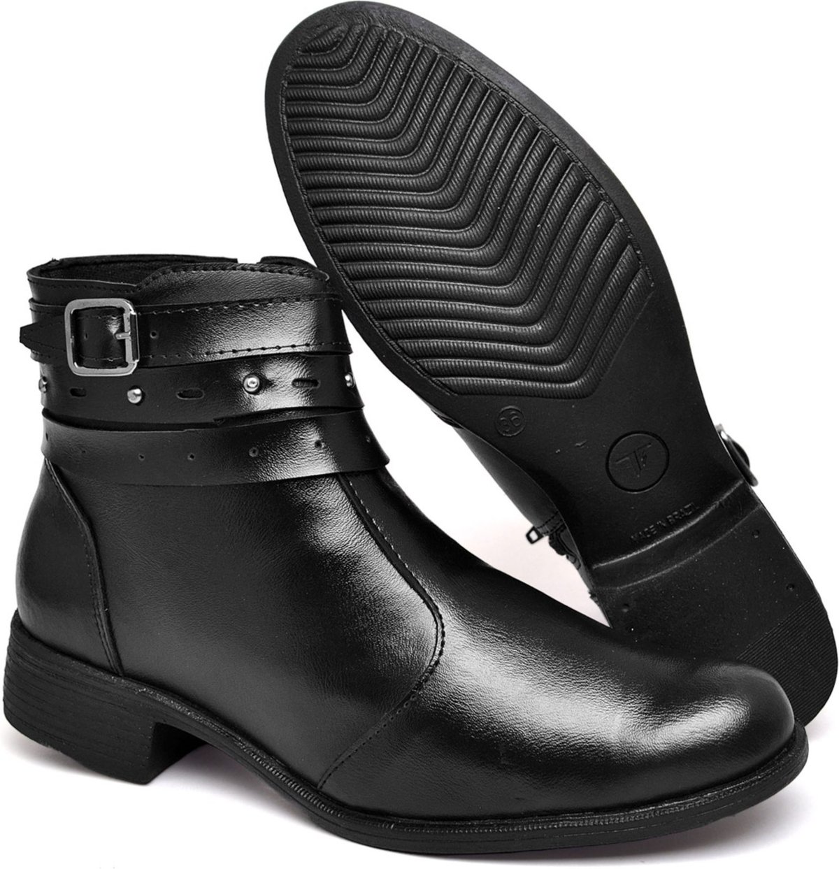 Bota Feminina Casual Cano Médio em Sintético Preta com Zíper e Fivela do 33 ao 40