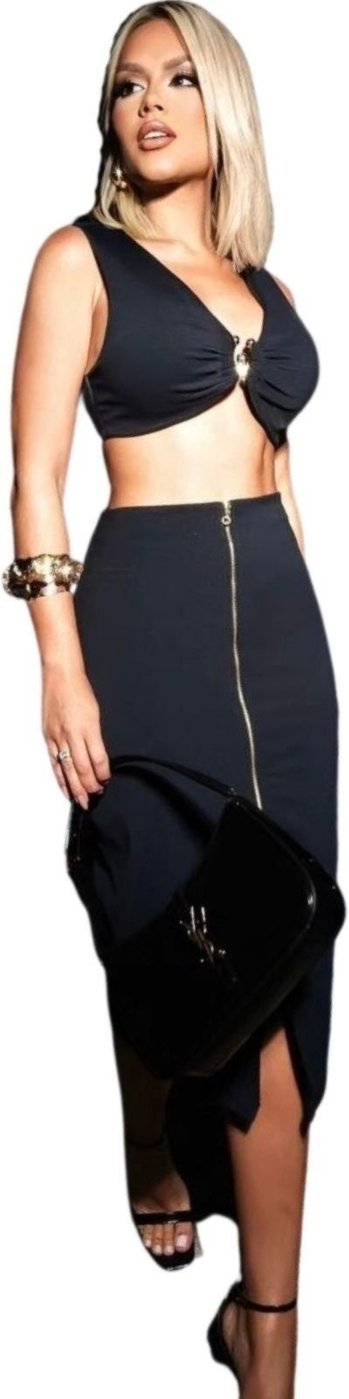 Conjunto Summer Body gringa saia MIDI com zíper e cropped decote argola