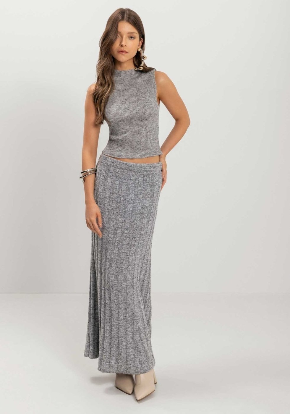 Saia Longa De Tricô Com Cintura Média