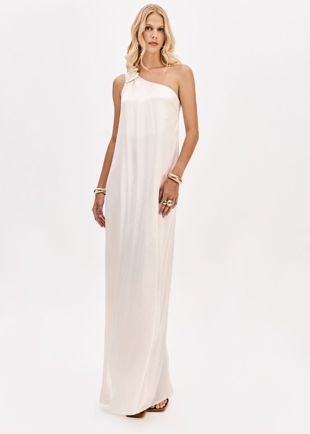 Vestido Longo Acetinado Ombro Único Com Aviamento