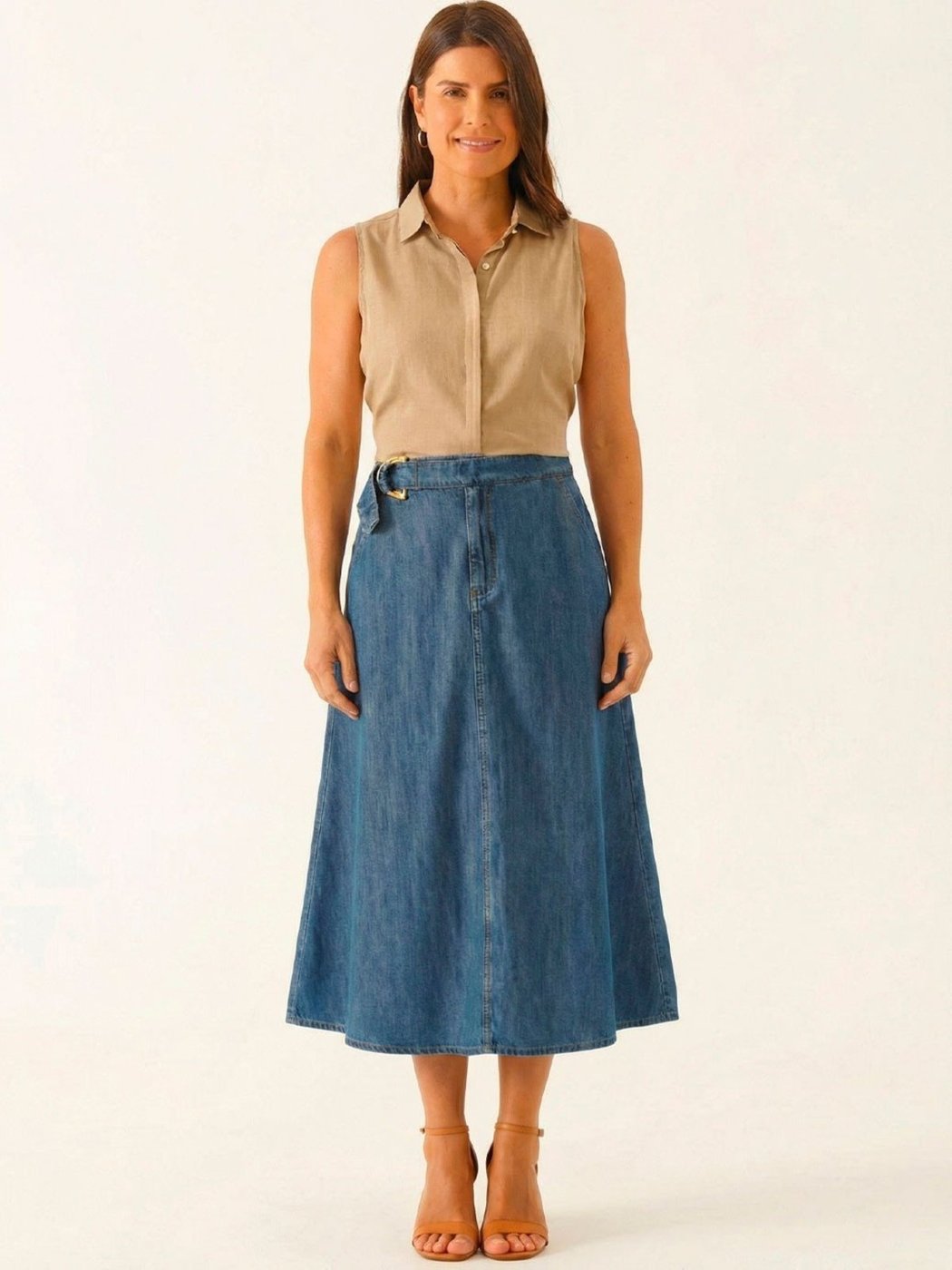 Saia Jeans Evasê Longuete Médio Vanice