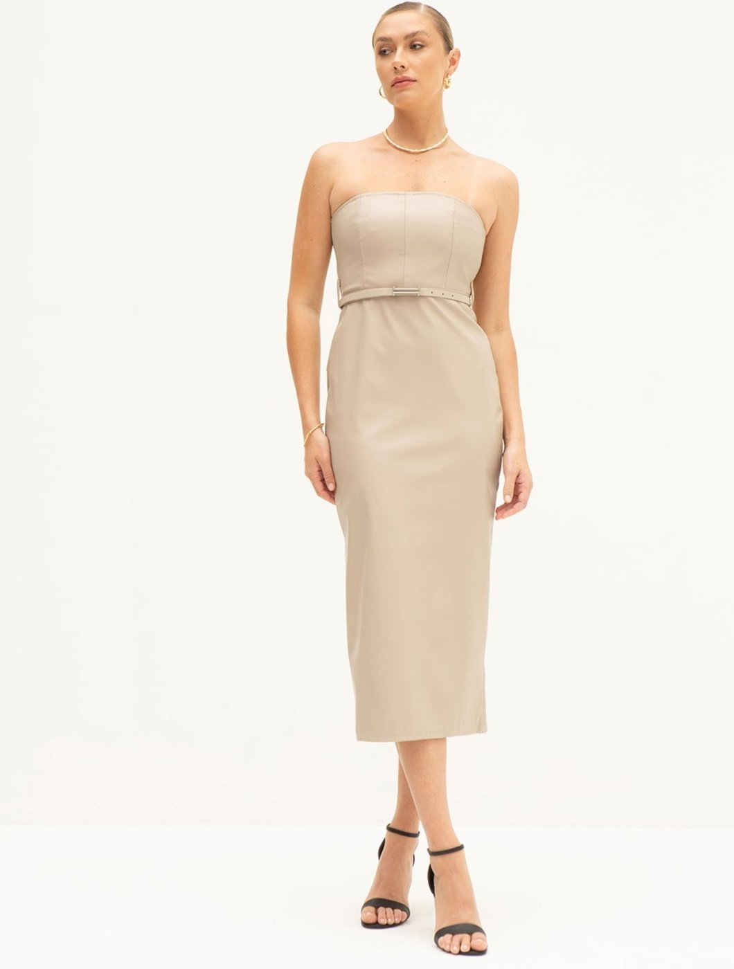 Vestido Tubinho de PU Tomara que Caia Maxi Longuete Yolanda