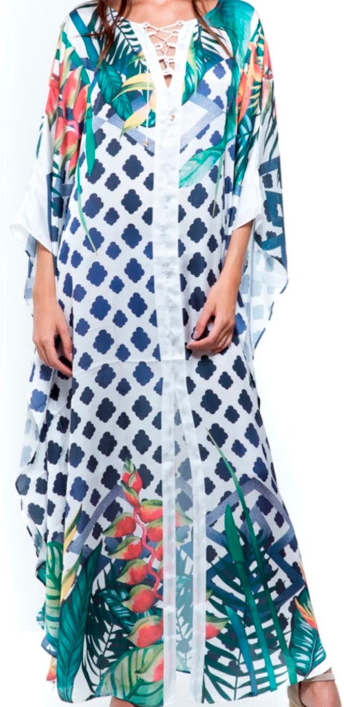 Vestido Kaftan Longo 101 Resort Wear Crepe Estampado EXCLUSIVO Barrado Flor Grafismo