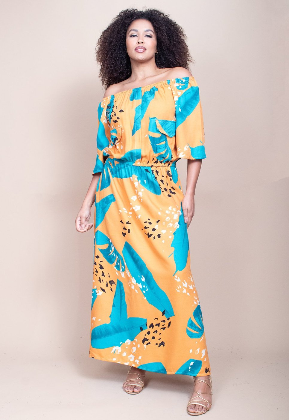 Vestido Midi Cabanafree Ciganinha Viscose com Lapela Estampa Aurora Botânica