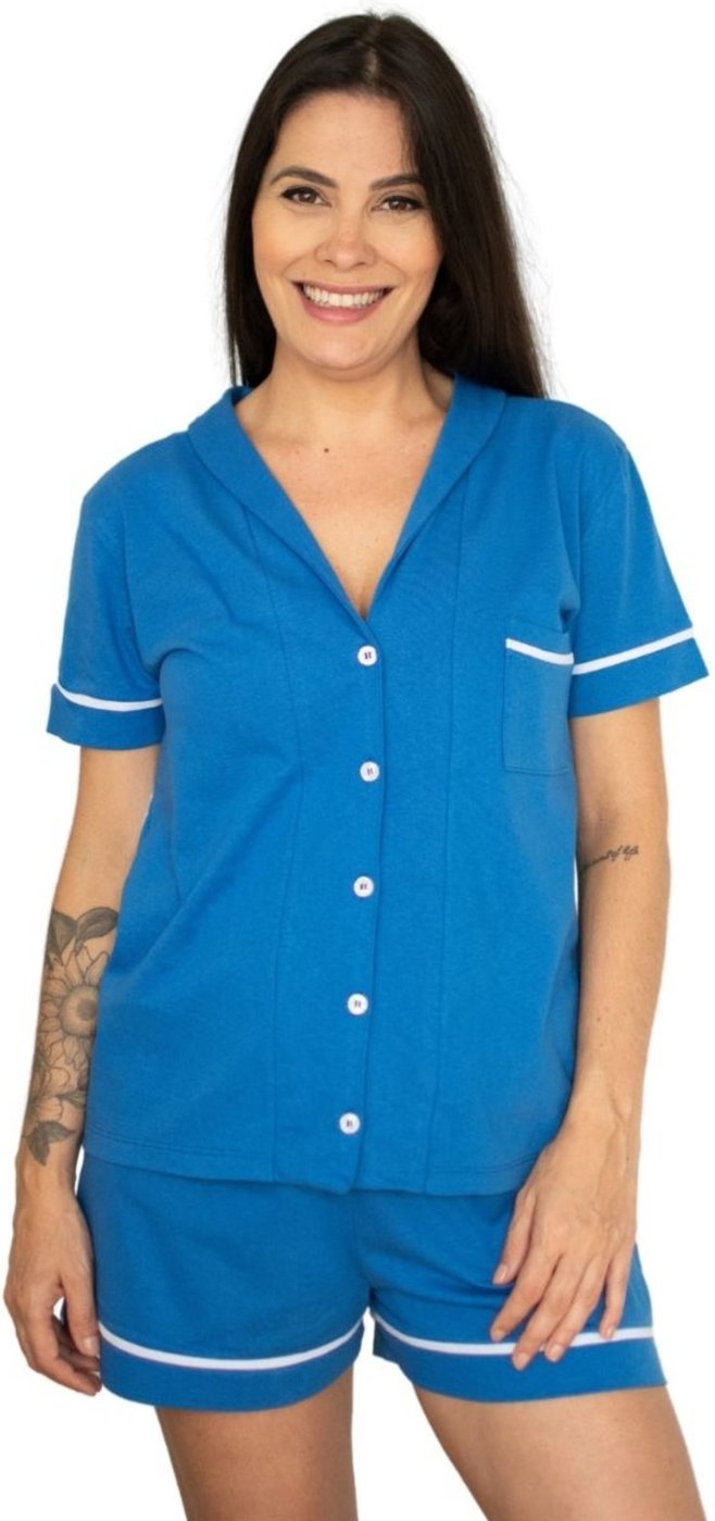 Pijama Algodão Feminino Americano Curto Manga Curta com Botão Botões Verão Adulto indicado Gestante Amamentação e Pós cirúgico - Royal Azul