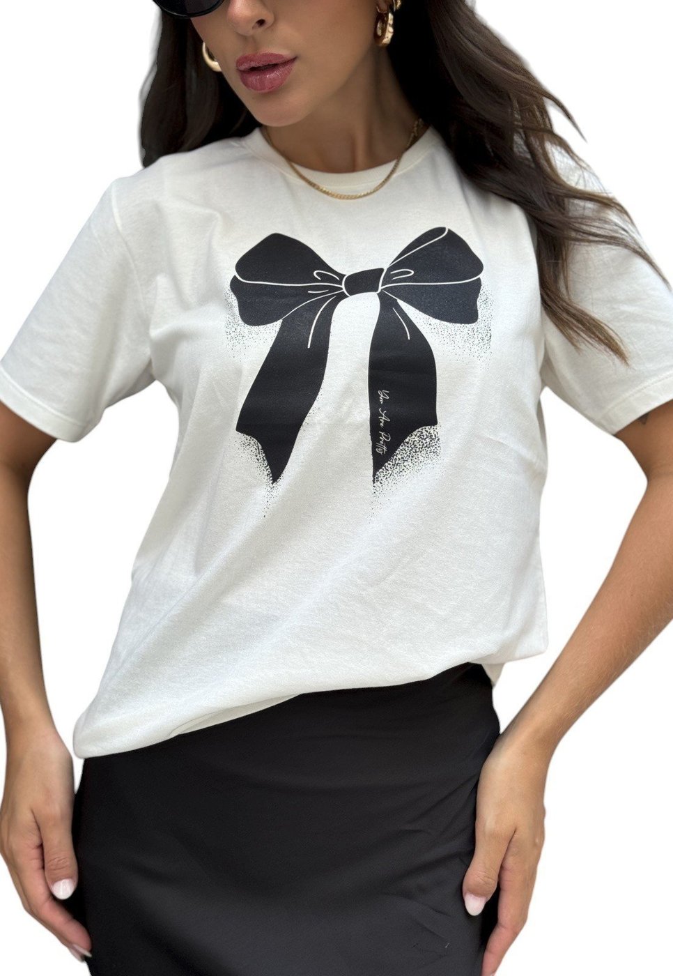 Camiseta Cianitas Off Estampa Laço Preto Pretty