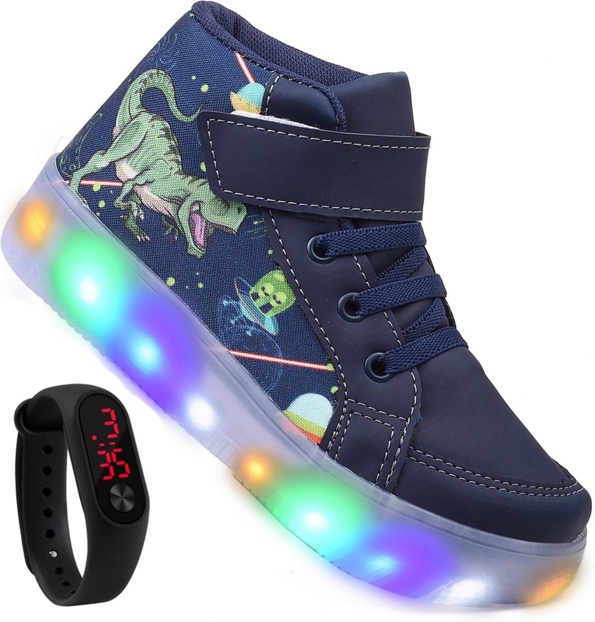 Infantil - Tenis Masculino de Led Botinha Dinossauro Calce Facil Original + Relogio