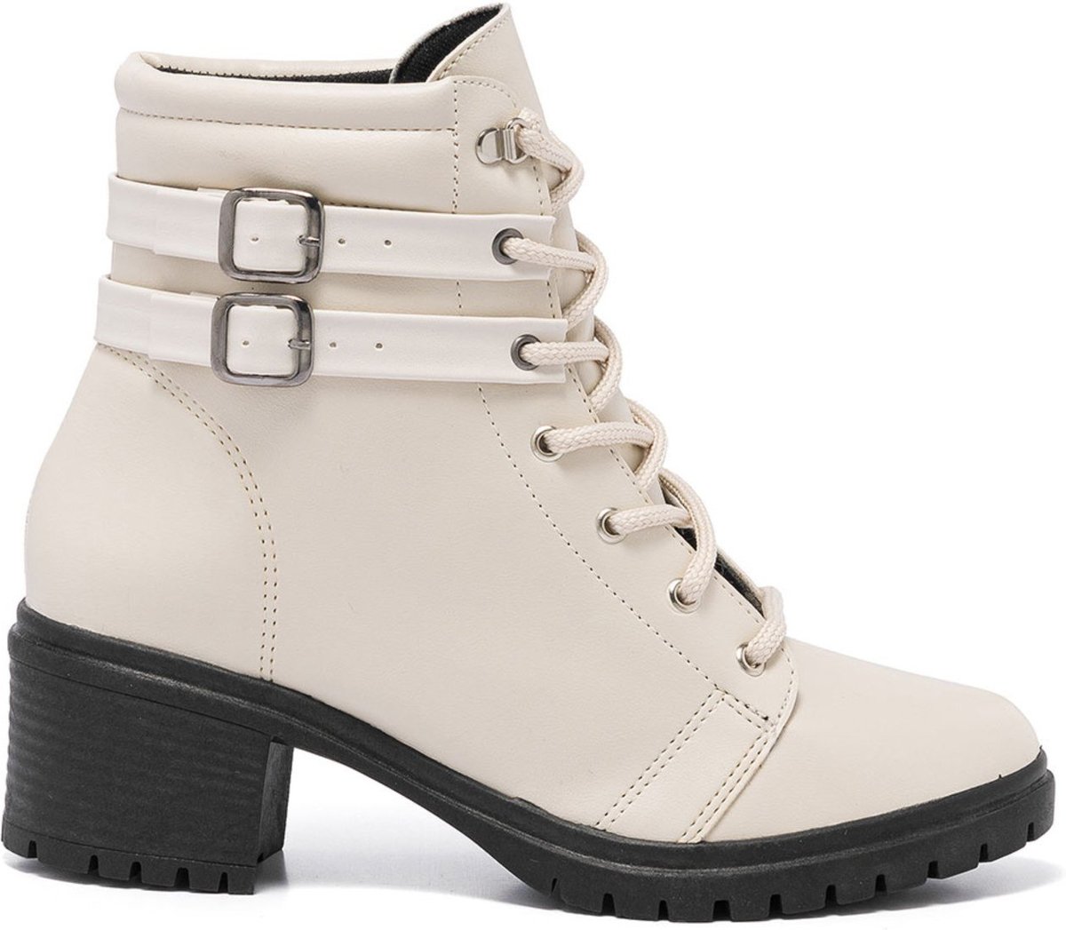 Bota Coturno Feminina Cano Baixo Tratorada Off White Confort Fivelas