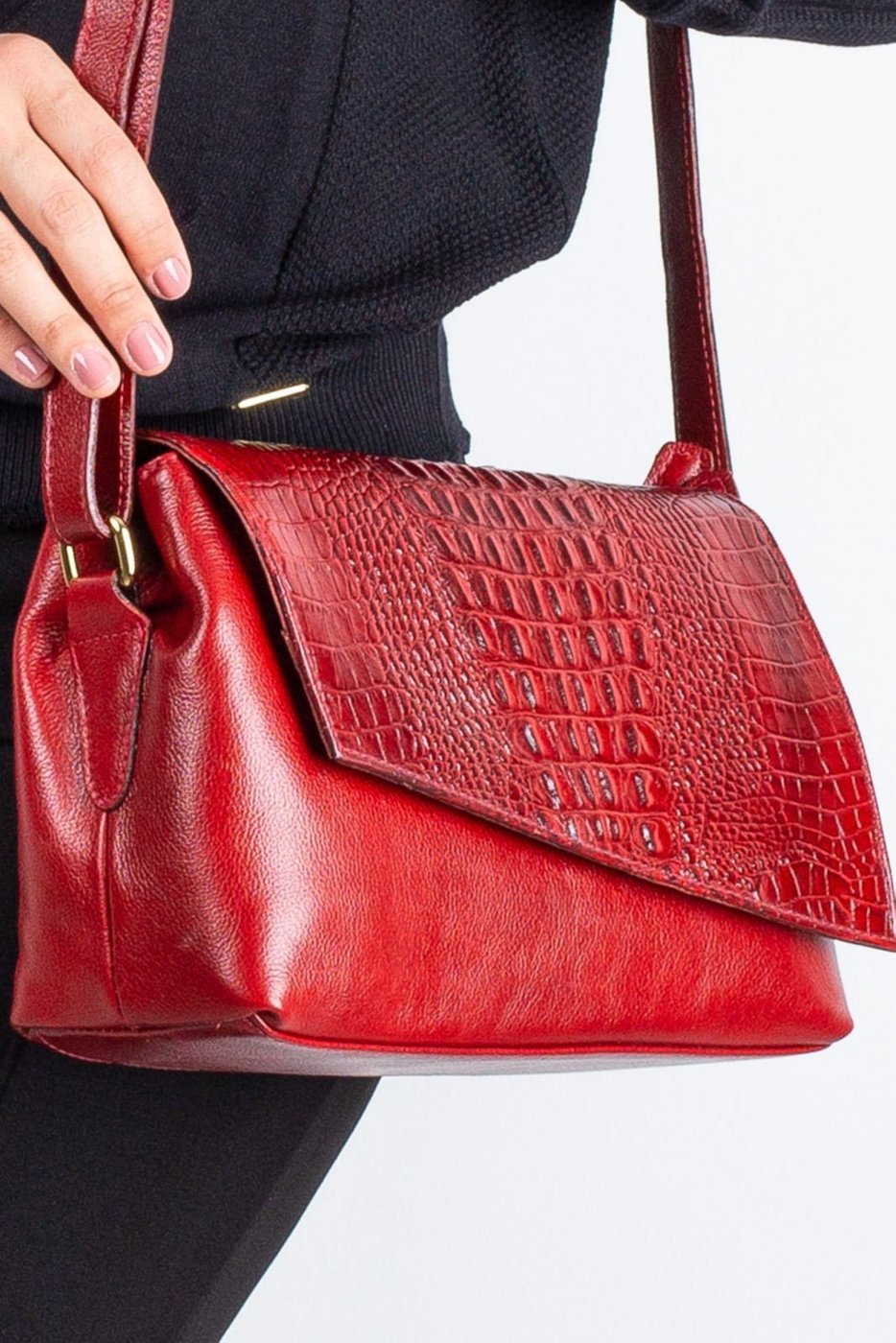 Imagem principal Bolsa tiracolo de couro croco com tampa Rose - Vermelho Andrea Vinci vermelho rose Andrea Vinci vermelho rose