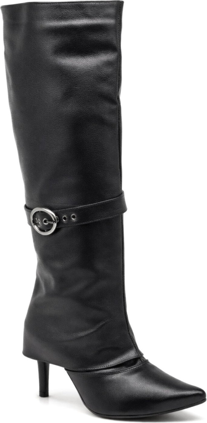 Bota Feminina Capa Sobreposta Cano Alto Salto Fino Com Acessorio 1711 Preta