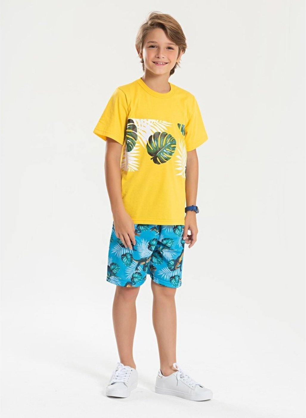 Imagem principal Infantil - Conjunto Verão Menino Camiseta e Bermuda Folhagens e Dinossauros Molekada amarelo Molekada amarelo