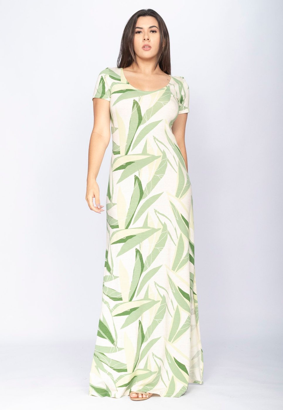 Vestido CabanaFree Longo Malha Gola Canoa Manga Curta Estampa Verde Selvagem