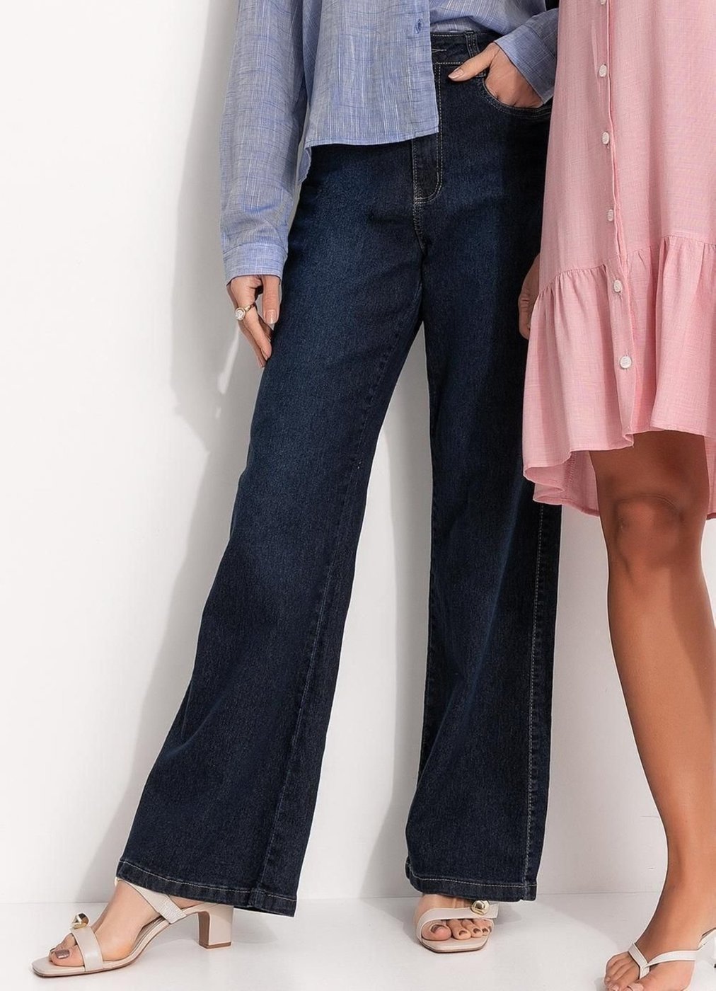 Calça Wide Leg Em Jeans Jeans Escuro