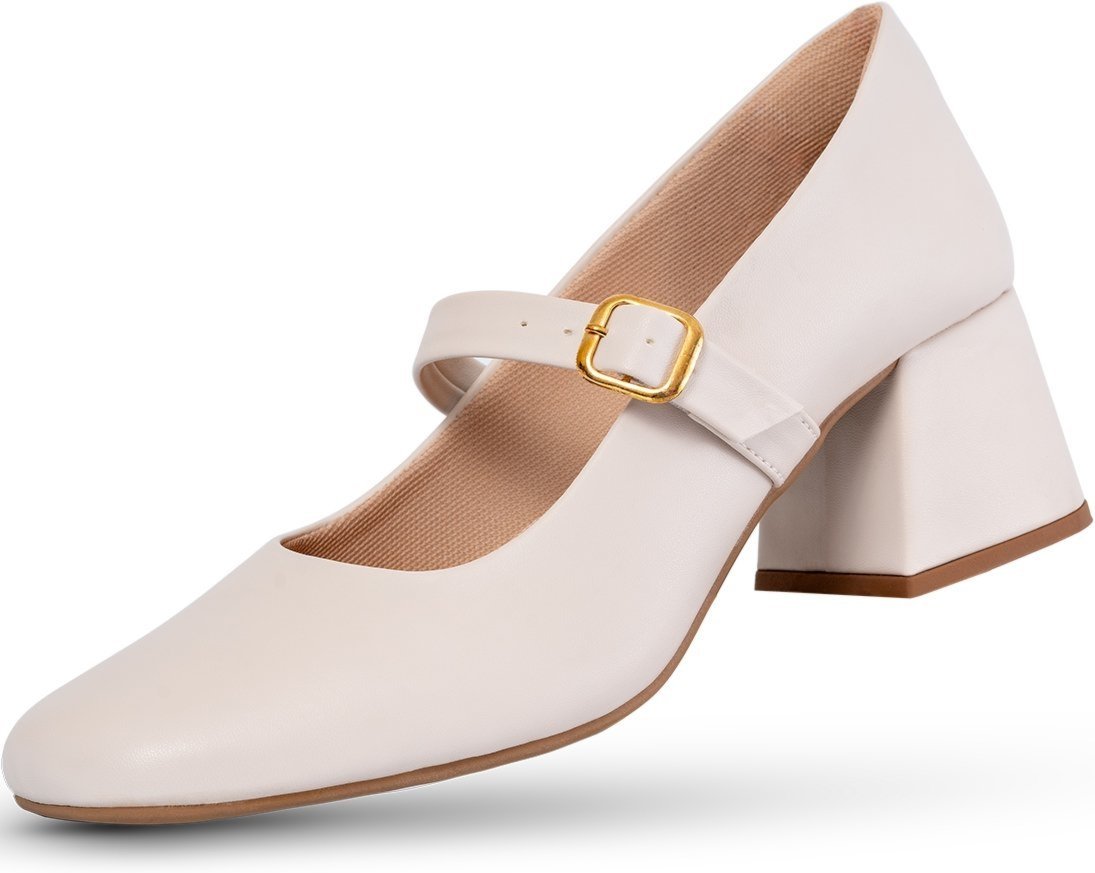 Scarpin Feminino Mary Jane Boneca Lumiss Slingback Sapato Salto Bloco Confortável Off White