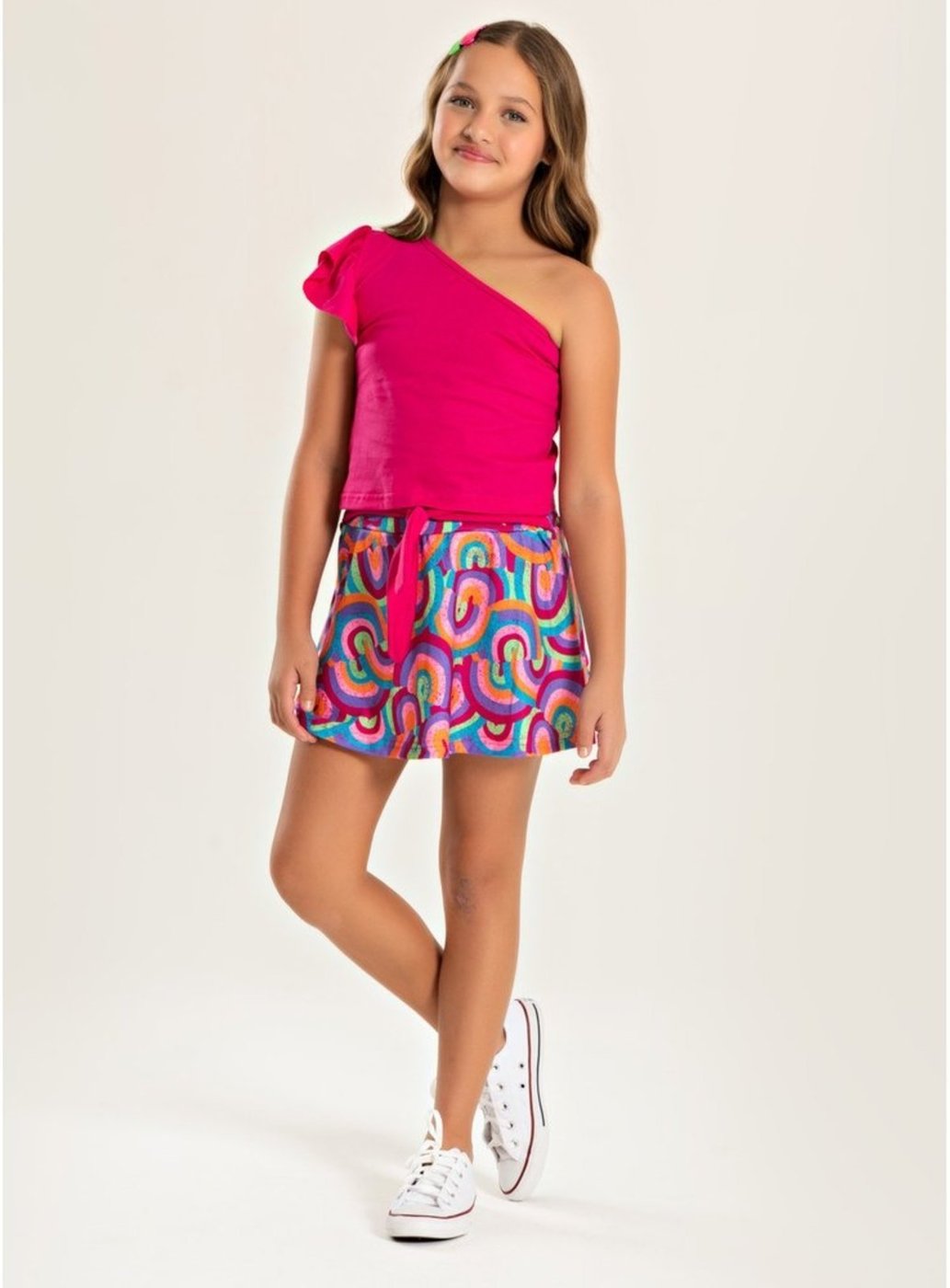 Imagem principal Infantil - Conjunto Verão Menina Pink Cropped um Ombro e Shorts Saia com Faixa Molekada rosa pink Molekada rosa pink