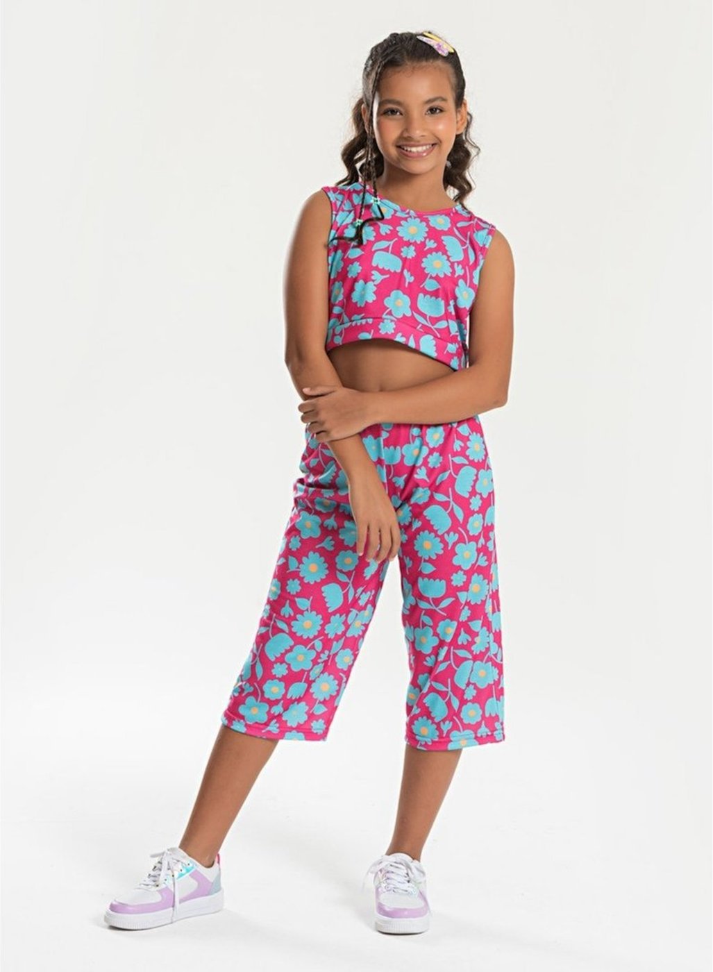 Imagem principal Infantil - Conjunto Verão Menina Pink Cropped Com Amarração nas Costas e Calça Pantacourt Flores Molekada rosa pink Molekada rosa pink