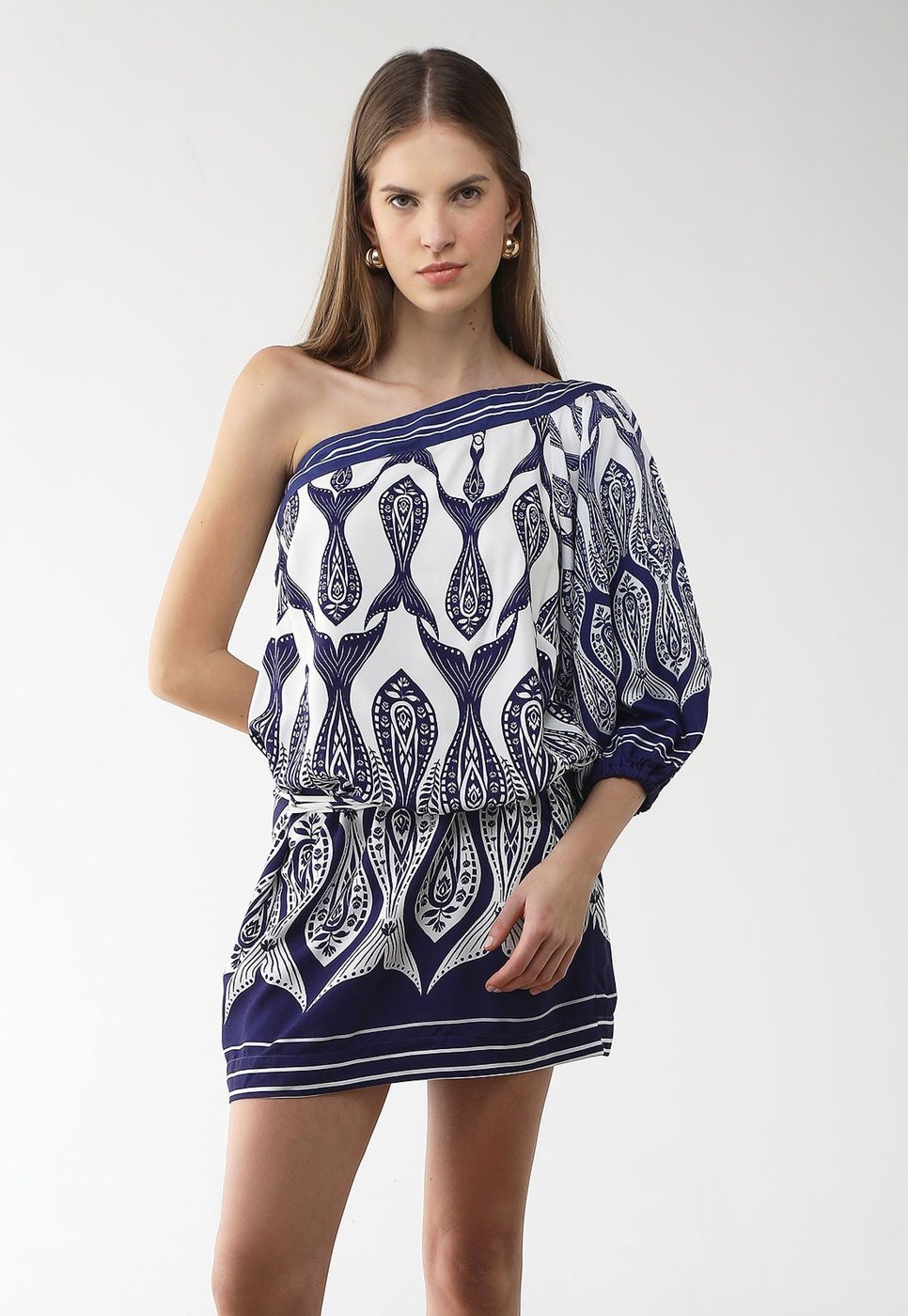 Vestido Feminino FARM Ombro Só Manga Bufante Estampado