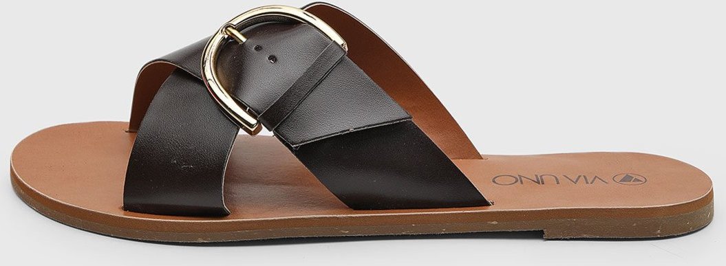 Rasteira Feminina VIA UNO Tiras Cruzadas Detalhe Dourado Preta